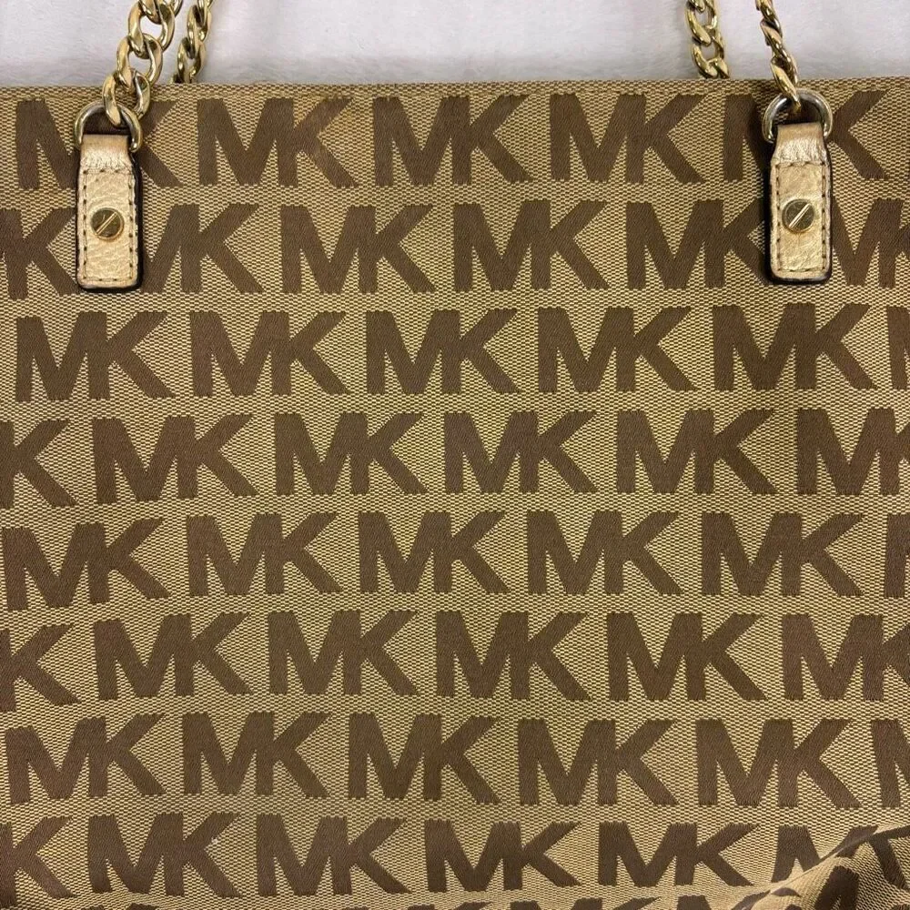 Michael Kors Brown Monogram Large Shoulder Purse with‎ Gold Straps